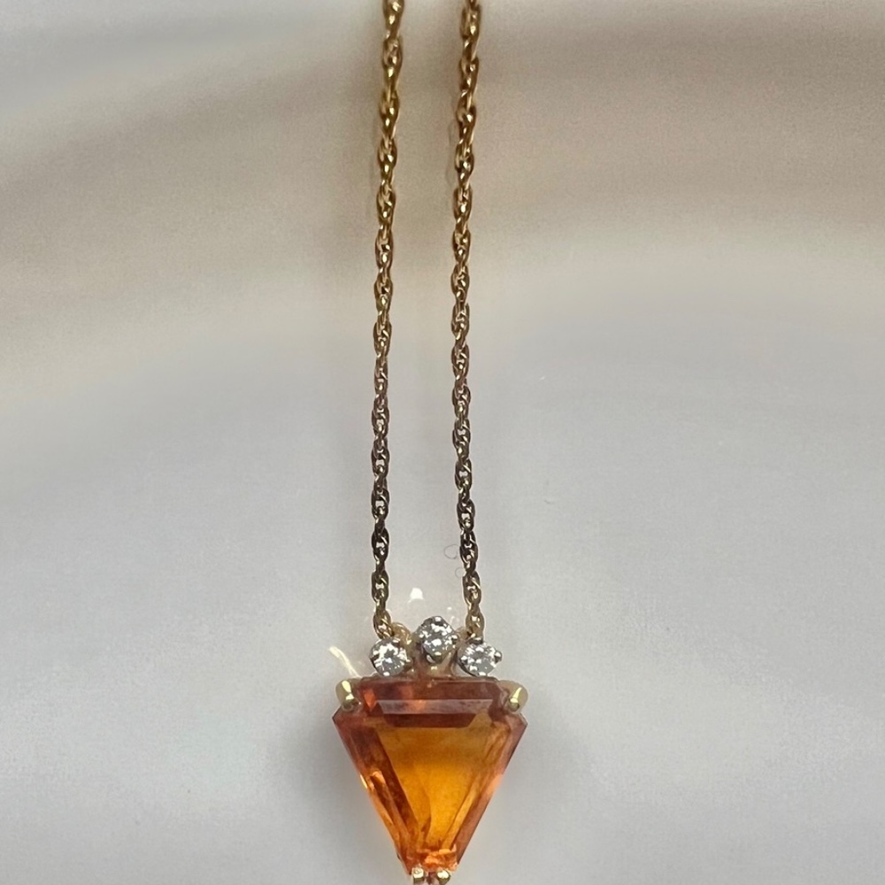 14K Y Gold Necklace: Natural Orange Citrine Trillion Shaped Pendant & Diamonds. - Picture 2 of 6